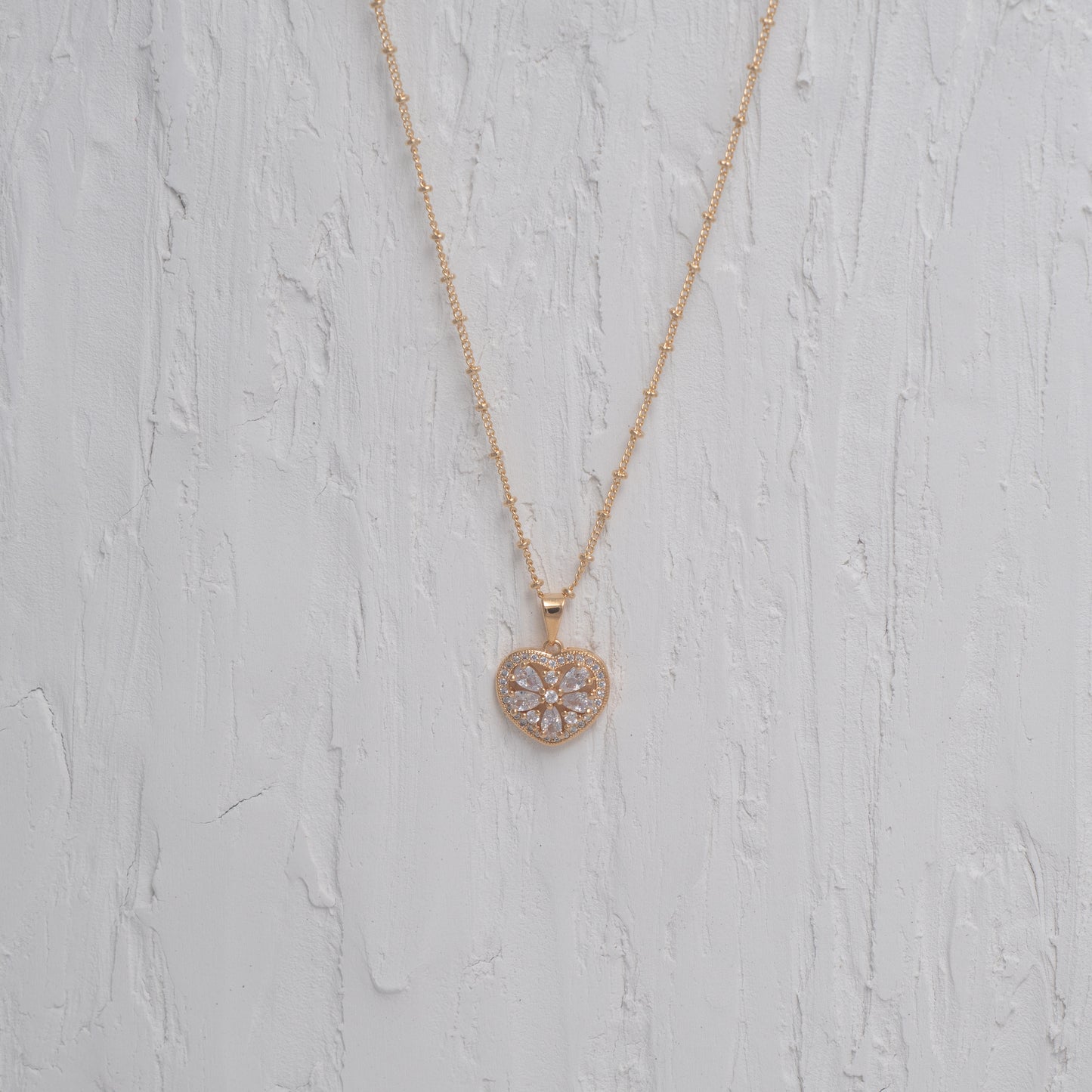 Crystal Heart Flower Charm Necklace