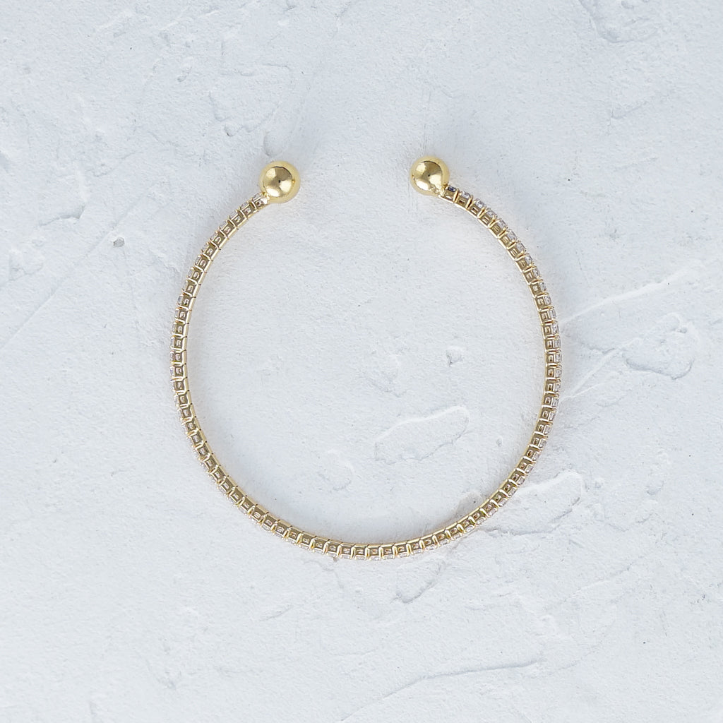 Gold Bead Cubic Zircon Open Bangle