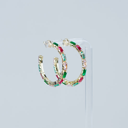 Pink and Emerald Green Open Hoop Earrings