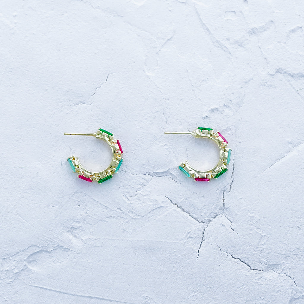 Pink and Emerald Green Open Hoop Earrings