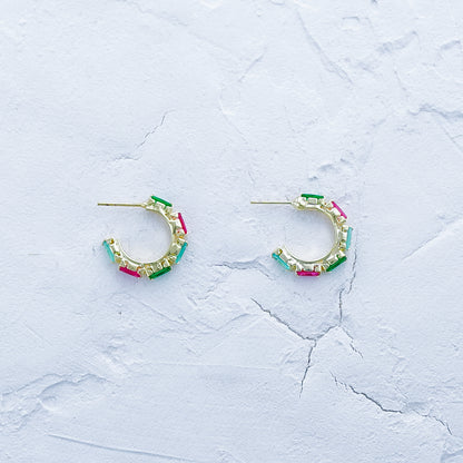 Pink and Emerald Green Open Hoop Earrings