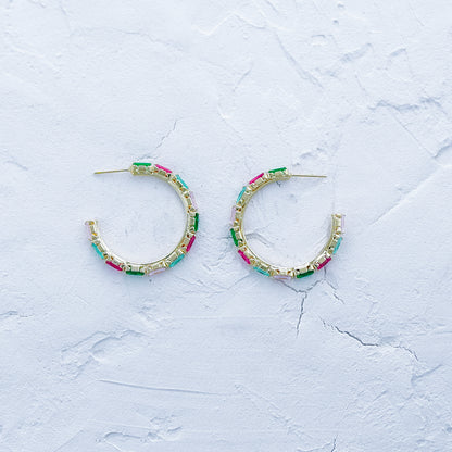 Pink and Emerald Green Open Hoop Earrings