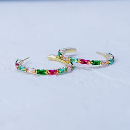 Pink and Emerald Green Open Hoop Earrings