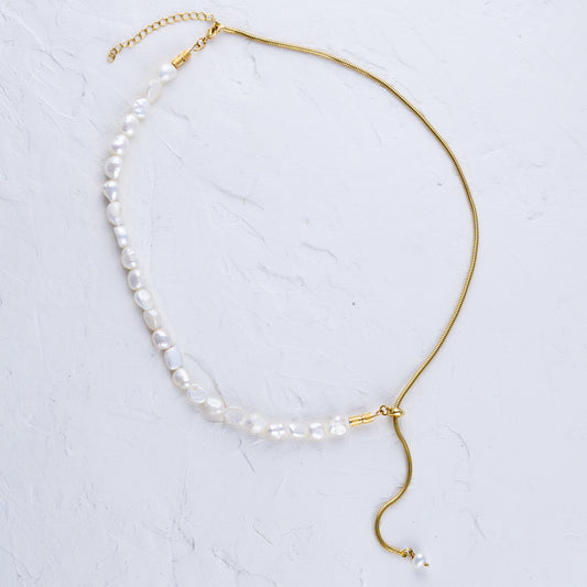 Half Gold Half Pearl Droplet Necklace