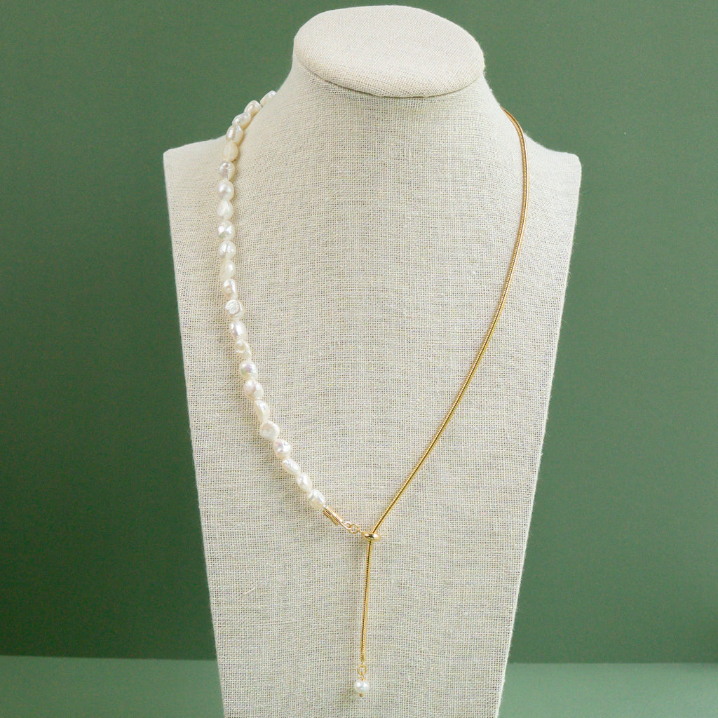 Half Gold Half Pearl Droplet Necklace