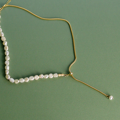 Half Gold Half Pearl Droplet Necklace