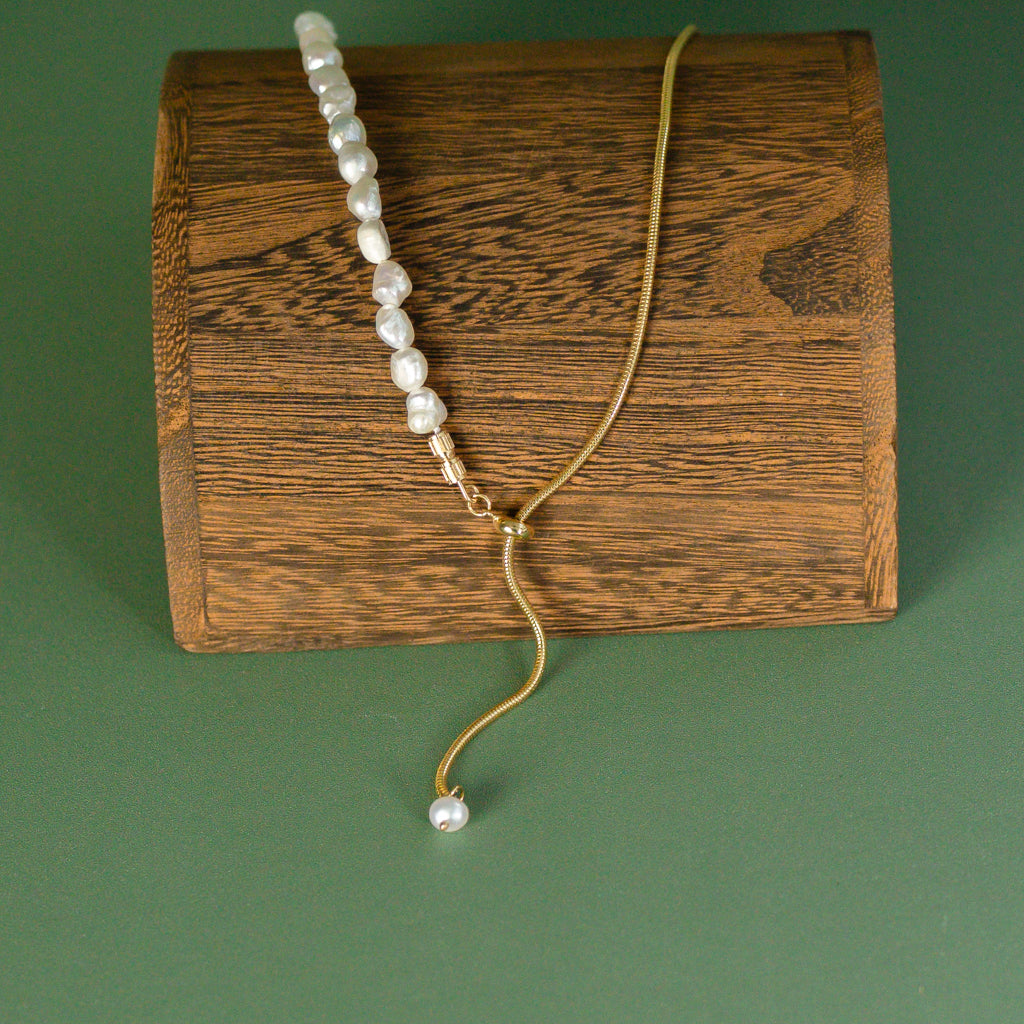 Half Gold Half Pearl Droplet Necklace