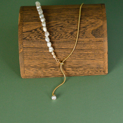 Half Gold Half Pearl Droplet Necklace