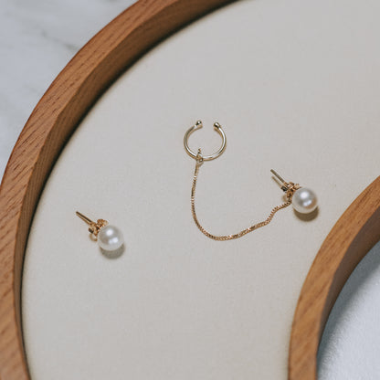 Pearl and Gold Stud Plus Chain Earrings